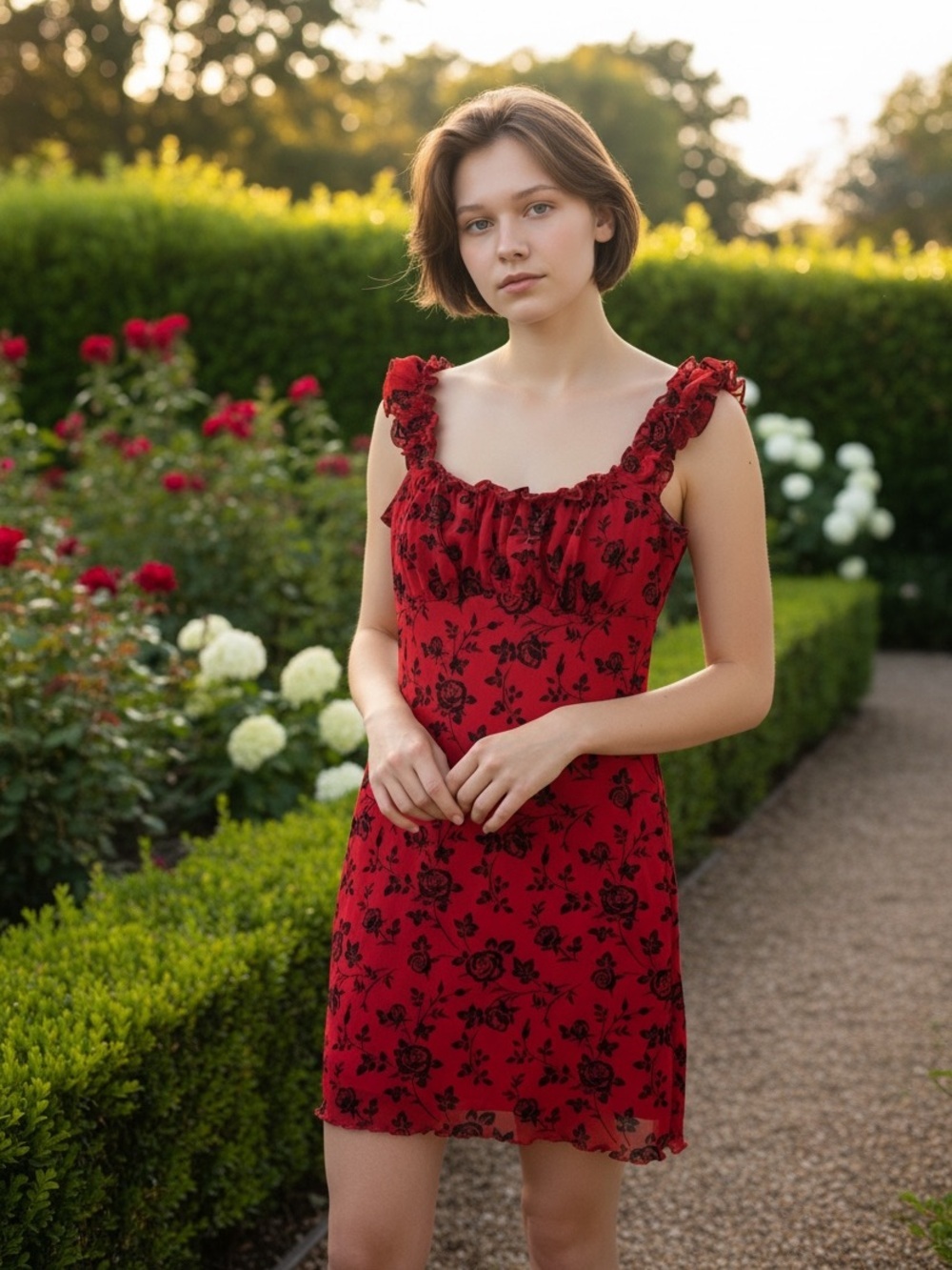 Mixed Threads Dress L Red & Black Rose Floral Ruffle Strap Coquette